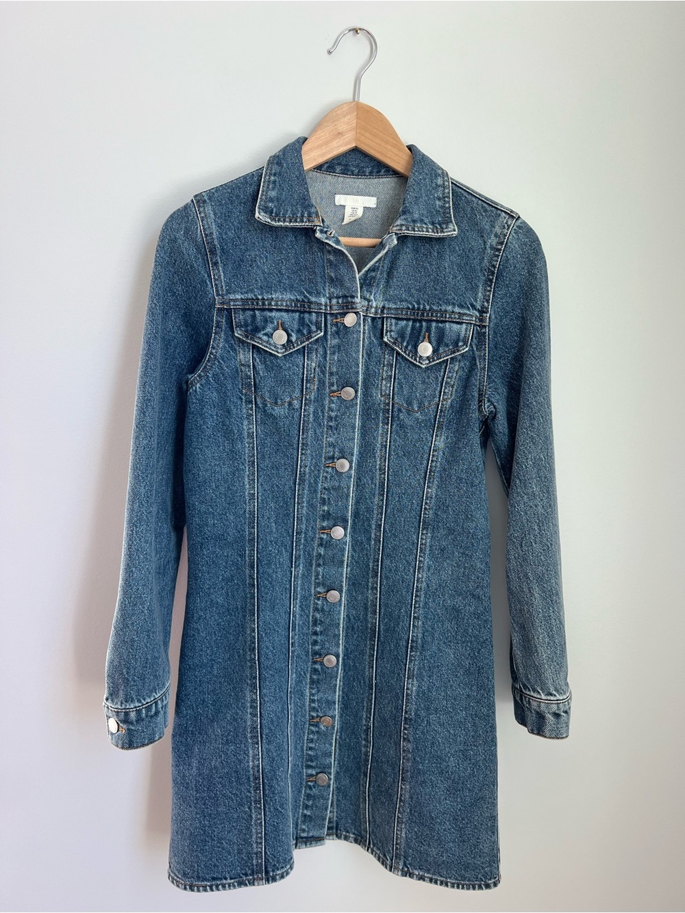 H&M | 100% Cotton Medium Blue Wash Denim Button-Front Long Sleeve Dress Size XS